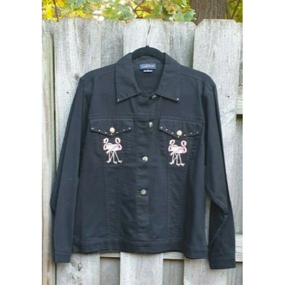 Las Olas Women M Black Denim Jean Jacket Pink Flamingo Rhinestone - Picture 3 of 9